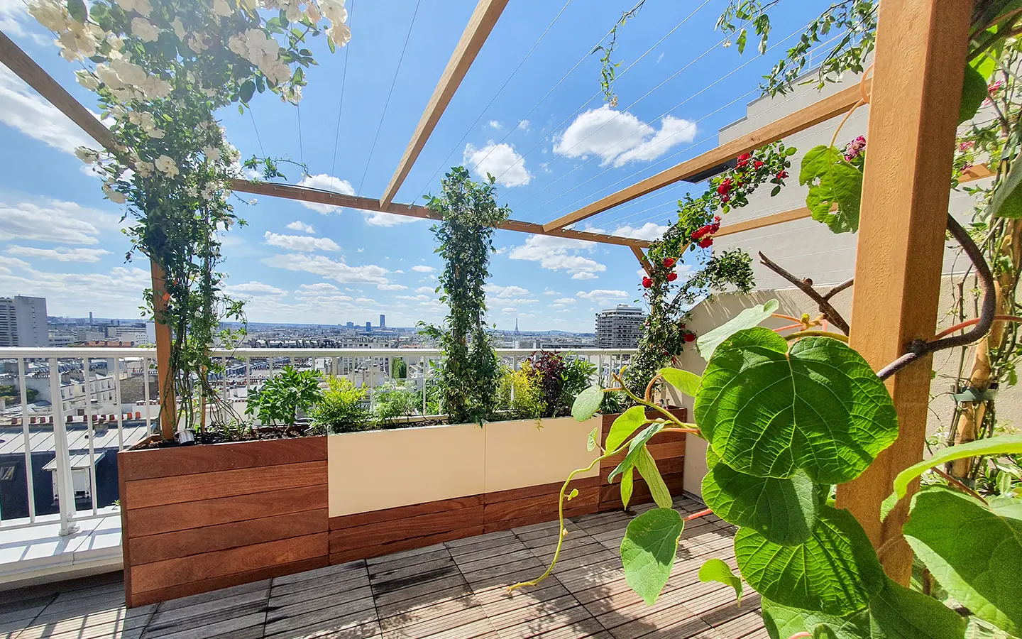 Il s’agit ici d’une terrasse végétalisée dans le 11ème arrondissement de Paris qui mêle le bois et le métal pour mettre en valeur de nombreuses essences végétales